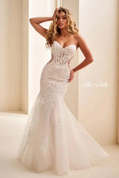 Ellie Wilde 37085 Beaded Bridal Lace Corset Mermaid Wedding Dress In White