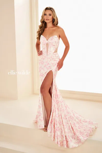 Ellie Wilde 37092 Floral Print Corset Evening Mermaid Long Formal Prom Dress In Pink