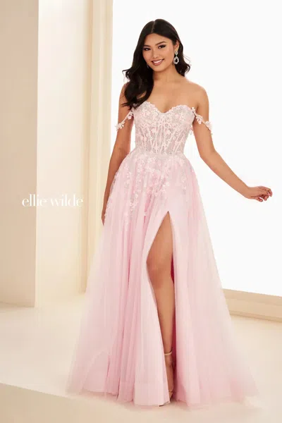 Ellie Wilde 37094 Long Formal 3d Floral Evening Prom Dress In Pink
