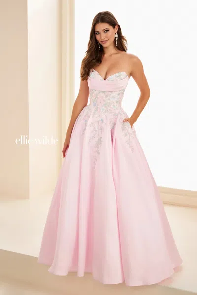 Ellie Wilde 37095 Sequin Beaded Ball Gown Long Formal Prom Dress In Pink