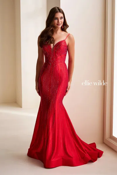 Ellie Wilde 37101 Long Formal Mermaid Beaded Prom Dress In Red
