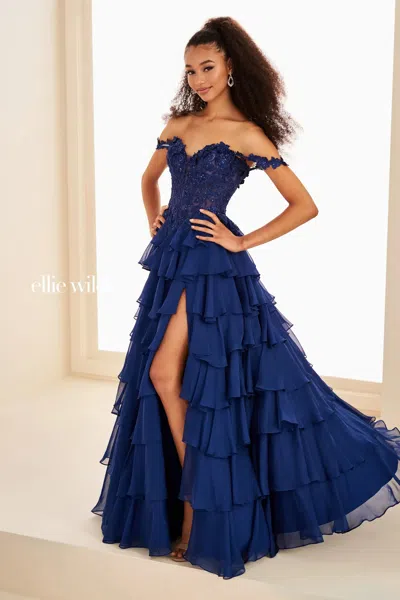 Ellie Wilde 37108 Long Formal Lace Applique Prom Evening Dress In Blue