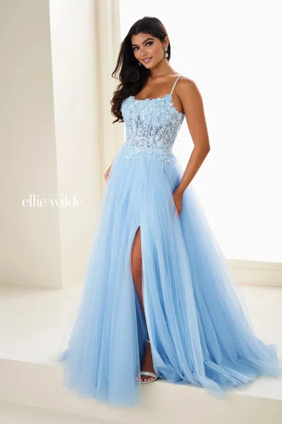Ellie Wilde 37112 Beaded Long Formal Lace Applique Corset Prom Dress In Blue