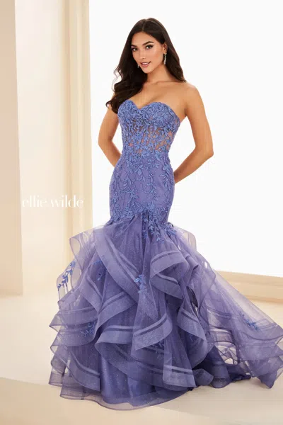 Ellie Wilde 37113 Glitter Lace Ruffle Long Formal Prom Dress In Purple