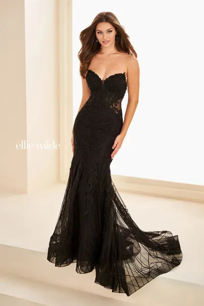 Ellie Wilde 37114 Corset Long Formal Glitter Lace Fitted Prom Dress In Black