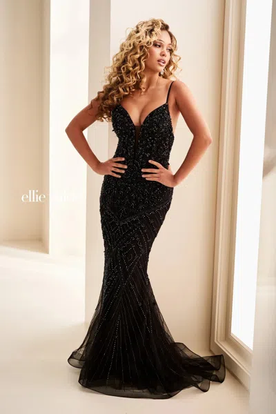 Ellie Wilde 37116 Fitted Long Formal Glitter Beaded Prom Dress In Black