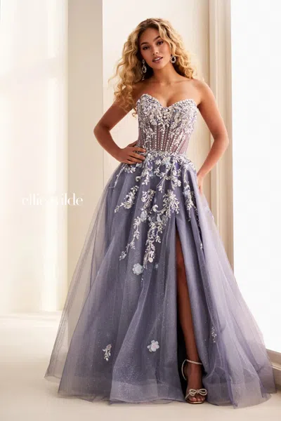 Ellie Wilde 37119 Beaded Long Formal Glitter Sequin Prom Dress In Gray