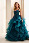 Ellie Wilde 37128 Sequin Glitter Long Formal Ruffle Ball Gown Prom Dress In Blue