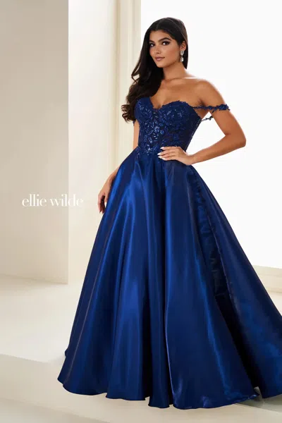 Ellie Wilde 37202 Floral Long Formal Detachable Overskirt Prom Dress In Blue