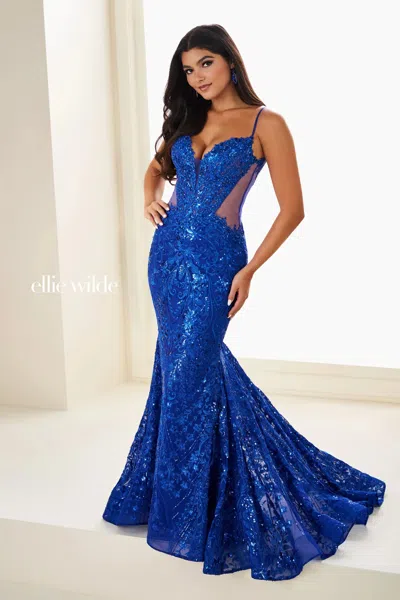 Ellie Wilde 37204 Glitter Beaded Mermaid Long Formal Prom Dress In Blue