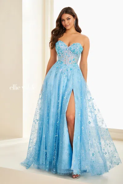 Ellie Wilde 37205 Sequin Long Formal A Line Beaded Prom Dress In Blue