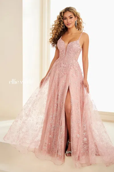 Ellie Wilde 37206 A Line Long Formal Lace Applique Prom Dress In Pink