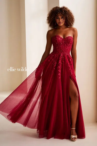 Ellie Wilde 37208 Glitter Long Formal Beaded A Line Sequin Prom Dress In Red