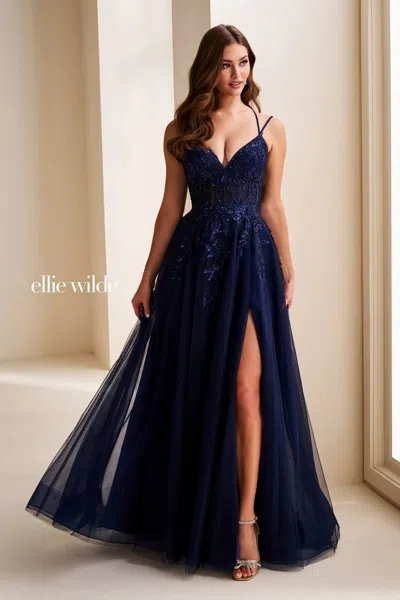 Ellie Wilde 37212 Sequin Long Formal Glitter A Line Prom Dress In Blue