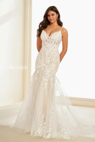 Ellie Wilde 37216 Beaded Long Formal Lace Mermaid Prom Dress In White