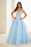 Ellie Wilde 37218 Long Formal 3d Floral Ball Gown Glitter Prom Dress In Blue