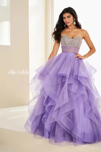Ellie Wilde 37221 Floral Long Formal Ball Gown Glitter Prom Dress In Purple