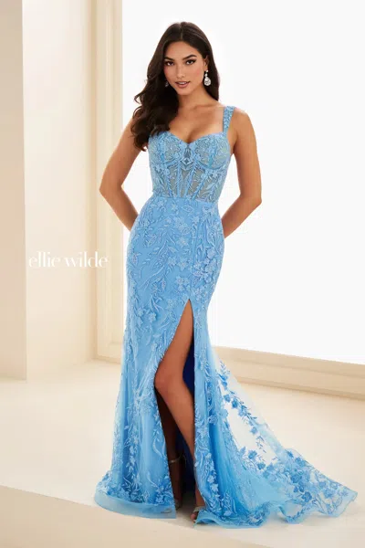 Ellie Wilde 37224 Lace Long Formal Beaded Glitter Prom Dress In Blue