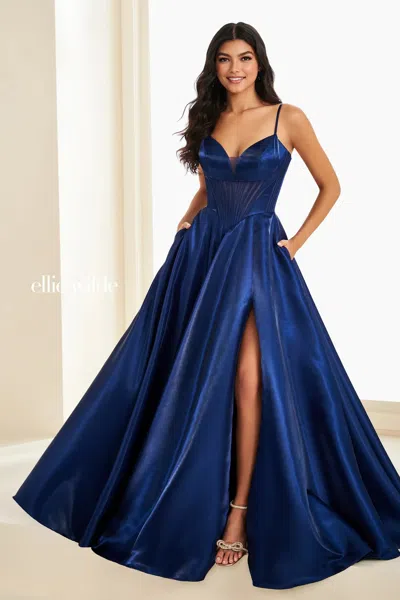 Ellie Wilde 37226 Long Formal Ball Gown Corset Prom Dress In Blue