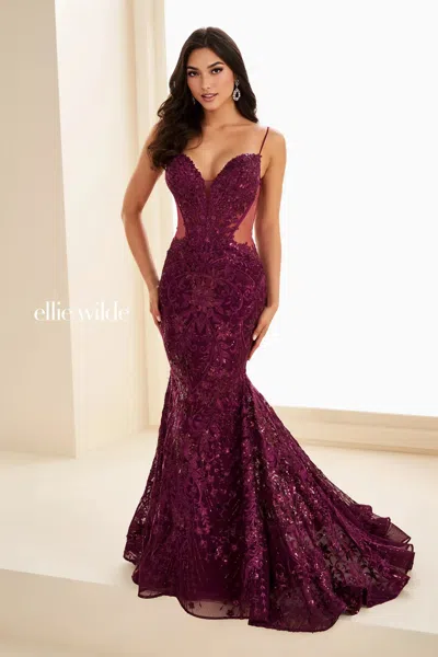 Ellie Wilde 37227 Mermaid Corset Sequin Beaded Long Formal Evening Prom Dress In Burgundy