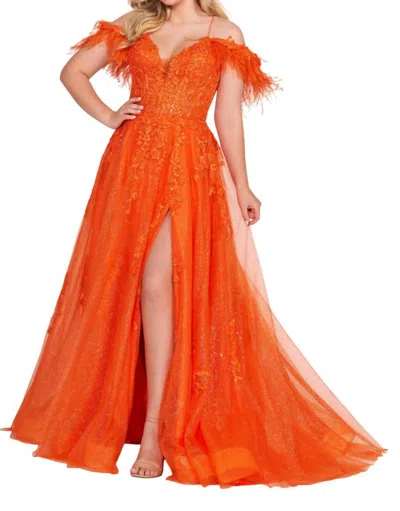 Ellie Wilde A-line Prom Dress With Feather Trim In Orange