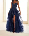 Ellie Wilde Appliqué Corset Glitter Tulle A-line Gown In Navy In Blue