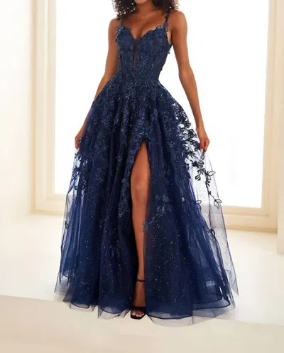 Ellie Wilde Appliqué Corset Glitter Tulle A-line Gown In Navy In Blue