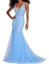 Ellie Wilde Beaded And Embroidered Gown In Bluebell In Silver