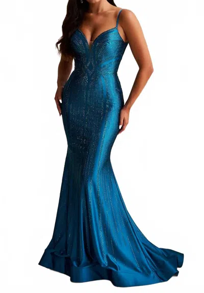 Ellie Wilde Beaded Bodice V-back Prom Gown In Teal In Brown