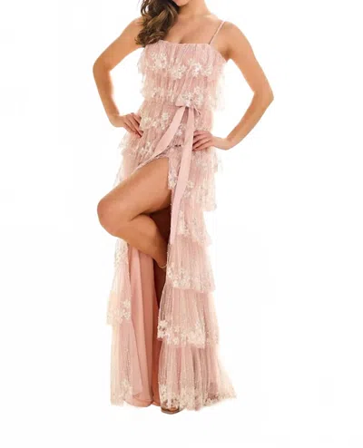 Ellie Wilde Beaded Layered Sheer Prom Dress In Dusty Rose In Pink
