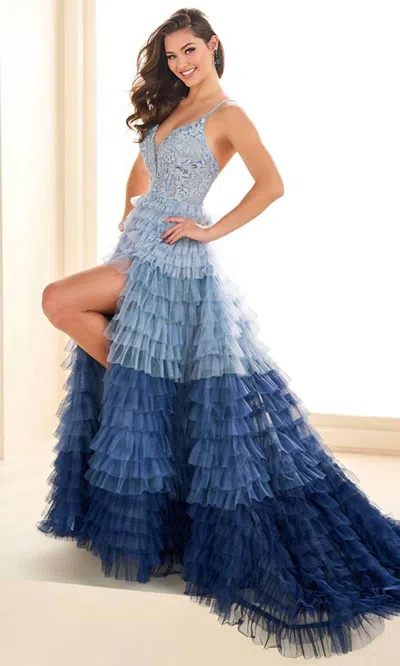 Ellie Wilde Beaded Plunging V-neck Prom Gown In Denim Blue