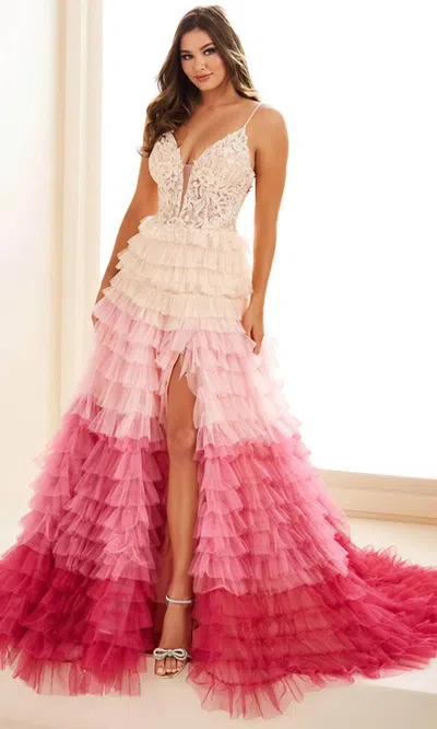 Ellie Wilde Beaded Plunging V-neck Prom Gown In Rose Garden In Multi