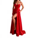 Ellie Wilde Corset Lace-up Back Satin Gown In Ruby In Red