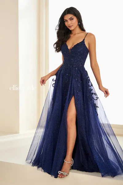 Ellie Wilde E37214 Sequin Long Formal A Line Prom Dress In Blue