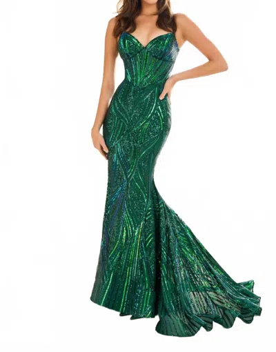 Ellie Wilde Embroidered Sequin Mesh Tulle Mermaid Gown In Emerald In Green