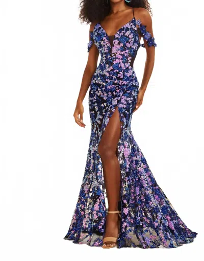 Ellie Wilde Embroidered Sequin Tulle Mermaid Prom Dress In Sapphire In Blue