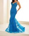 Ellie Wilde Embroidered Tulle Corset Low Back Mermaid Gown In Peacock In Blue