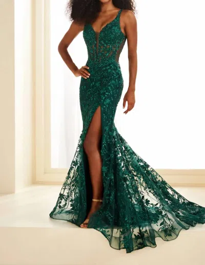 Ellie Wilde Embroidered Tulle Mermaid Long Gown In Emerald In Green