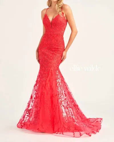 Ellie Wilde Embroidered Tulle Plunging V-neckline And Low Back Mermaid Dress In Strawberry In Red