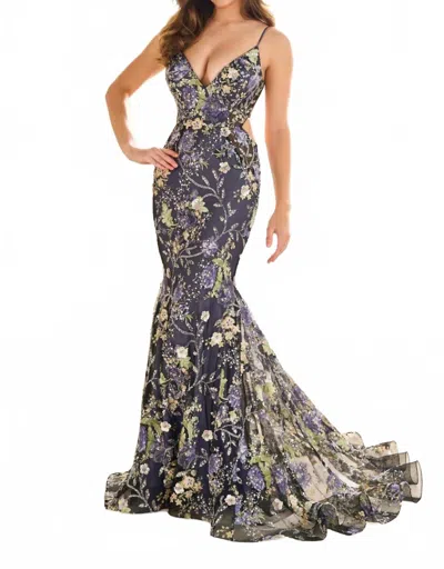 Ellie Wilde Embroidered Tulle Sequin Lace-up Back Gown In Lavender/multi In Blue