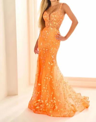 Ellie Wilde Embroidered Tulle Sequin Mermaid Dress In Orange