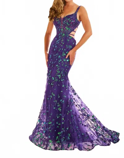 Ellie Wilde Embroidered Tulle Sequin Mermaid Dress In Purple Magic
