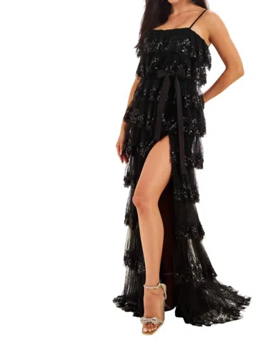 Ellie Wilde Embroidered Tulle Tiered Ruffles Prom Dress In Black