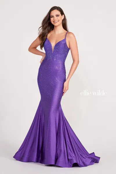 Ellie Wilde Ew120012 Beaded Long Formal Fitted Prom Gown In Purple
