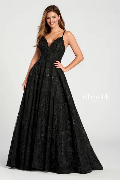 Ellie Wilde Ew120135 Prom Formal Beaded Long Ball Gown In Black