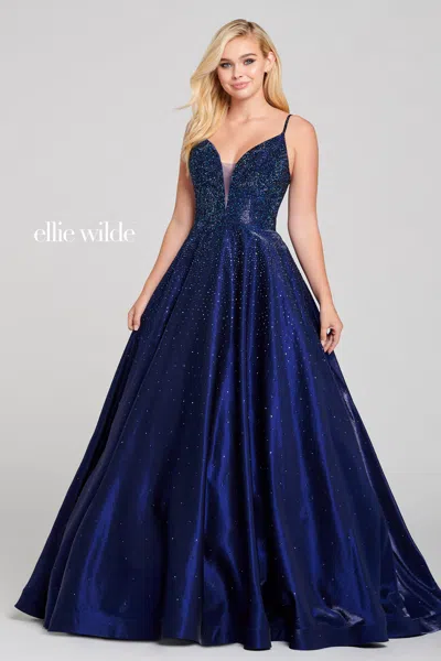 Ellie Wilde Ew121005 Long Ball Gown Metallic Prom Dress In Blue