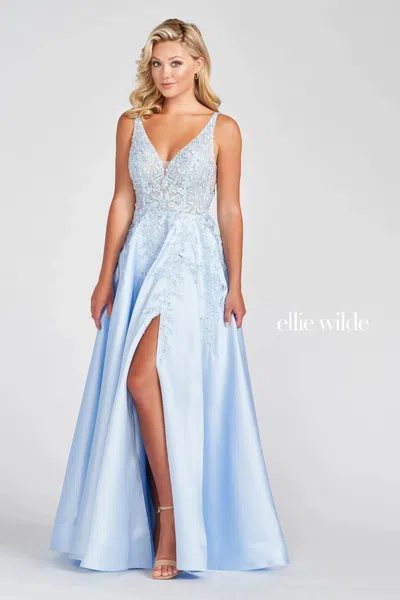 Ellie Wilde Ew122074 Slit Long Formal Pocket Prom Gown In Blue