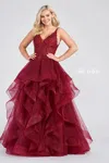 Ellie Wilde Ew122080 Prom Long Dress Tiered Ball Gown In Burgundy