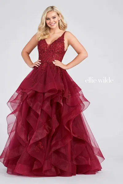 Ellie Wilde Ew122080 Prom Long Dress Tiered Ball Gown In Burgundy