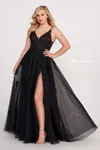 Ellie Wilde Ew122102 Long A Line Formal Glitter Slit Prom Dress In Black